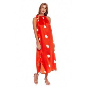 Mud Pie Women's Orange Lowe Polka Dot Satin Crepe Maxi Dress ML NEW